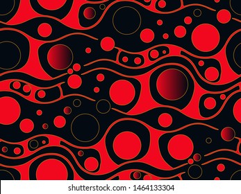 retro psychedelic bubbles field seamless pattern in black red gold shades