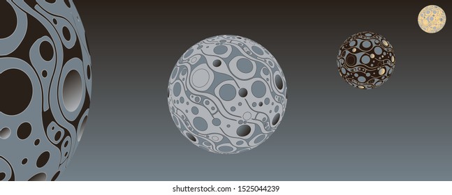 retro psychedelic bubbles planets system in silver ivory shades