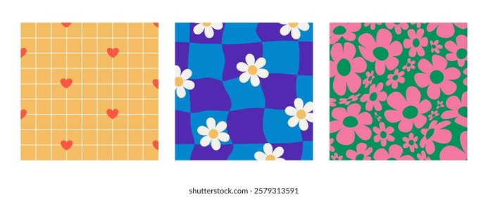 Retro psychedelic checkerboard collection with warped grid patterns in groovy y2k style. Abstract wavy lines, bold geometric forms, floral hippie vibe, hearts.