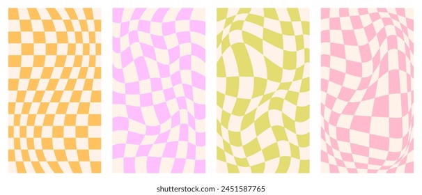 Retro psychedelic checkerboard social media backgrounds set. Groovy wavy y2k checkered vector prints