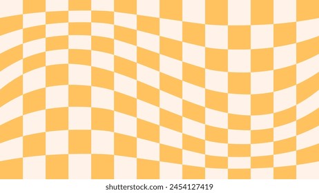 Retro psychedelic checkerboard vector background. Groovy wavy y2k yellow checkered pattern