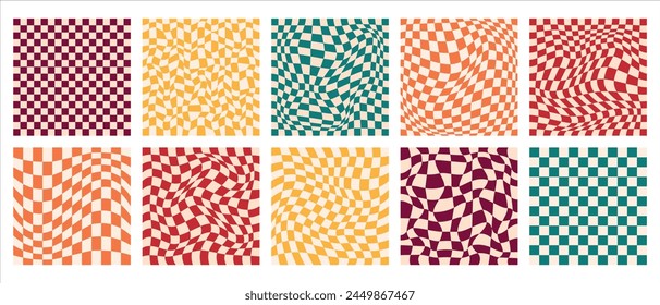 Retro psychedelic checkerboard vector backgrounds set. Groovy wavy y2k checkered patterns