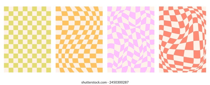 Retro psychedelic checkerboard vector backgrounds set. Groovy wavy y2k checkered prints