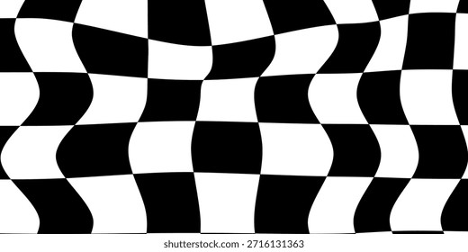 Retro psychedelic checkered wallpaper. Trippy checkerboard background. Wavy groovy chessboard surface. Distorted geometric grid chess pattern. Abstract black and white race flag backdrop.