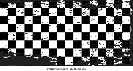 Retro psychedelisch karierte Tapete. Trippiger Schachbretthintergrund. Wellenförmige, groovende Schachbrettfläche. Verzerrtes geometrisches Schachgitter-Muster. Abstrakte schwarz-weiße Rennflagge Hintergrund.