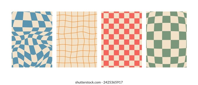 Retro psychedelic chessboard background 70 style set. Distorted vector groovy hippie textures. 