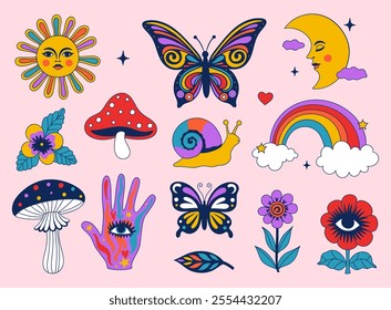 Retro psychedelic clipart snail, flowers, rainbow, moon, sun, mushrooms, butterflies. Vector set .