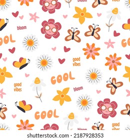 Retro psychedelic daisy flowers seamless pattern isolated on white. Groovy nature print. Textile vintage style design. Repeated background with butterflies and hearts. Hand drawn vector illustration