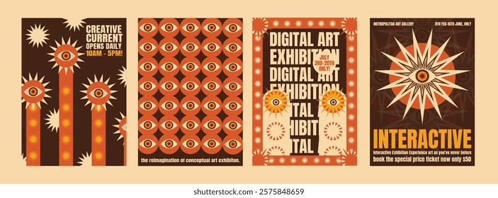 Retro psychedelic digital art exhibition posters with eye motifs. Bold, interactive designs in orange and brown. Eye-catching and creative art themes. Psychedelic retro poster template vectors.