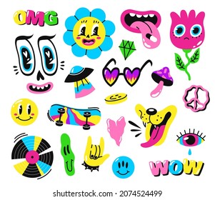 Retro psychedelic elements. Bright surreal objects, 60s 70s hippie culture symbols, acid colors icon, trendy creative stickers, flowers and crazy characters, vector cartoon flat isolated set