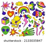 Retro psychedelic elements. Surreal hippie symbols. Acid colors stickers. Mushrooms and skull. Clouds with lightning. Rainbow or alien head. Bomb explosion. Vector weird