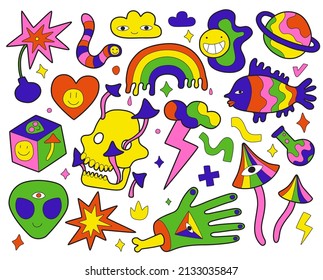 Retro psychedelic elements. Surreal hippie symbols. Acid colors stickers. Mushrooms and skull. Clouds with lightning. Rainbow or alien head. Bomb explosion. Vector weird