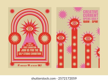 Retro psychedelic exhibition poster with bold red and pink eye motifs. Eye-catching design for art exhibition. Exhibition details in vibrant colors. Psychedelic retro poster template vectors.