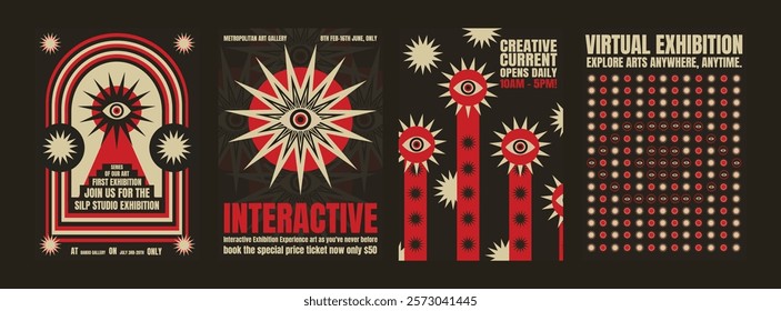 Retro psychedelic exhibition posters with bold red and black designs. Eye motifs dominate the exhibition theme. Interactive and virtual exhibition. Psychedelic retro poster template vectors.