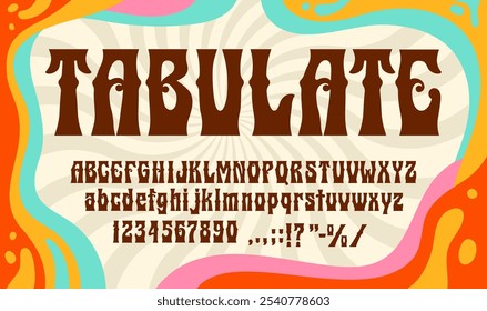 Fuente psicodélica retro, tipo funky groovy de los años 60, tipografía hippie de los años 70, alfabeto vintage. Vector tipografía hippy fuente de inglés ABC funky negrita letras y números sobre fondo de color psicodélico retro