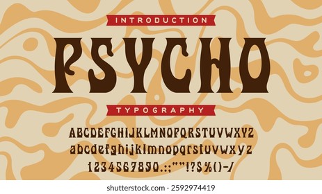 Retro psychedelic font, groovy typeface, hippie trippy type, vintage 60s alphabet vector typography. Funky disco font letters and numbers at psychedelic waves background. Hippie 70s type english abc