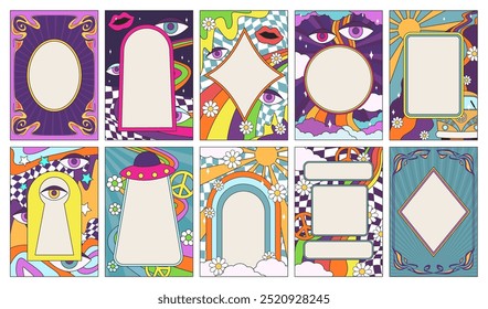 Retro psychedelic frames. Abstract groovy social media story post or 70s pop art photo frame with bohemian borders. Happy nostalgic vibe templates vector set.