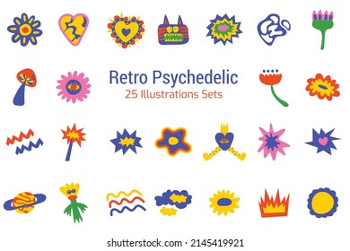 Retro Psychedelic Graphic Illustration Sets