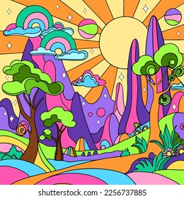 Retro psychedelic groovy landscape. Vintage hippie background