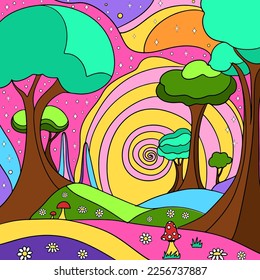 Retro psychedelic groovy landscape. Vintage hippie background