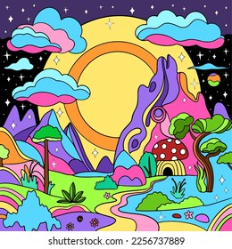 Retro psychedelic groovy landscape. Vintage hippie background