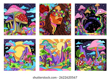 Paisagem de arco-íris groovy psicodélico retrô. Conjunto de plano de fundo hippie vintage