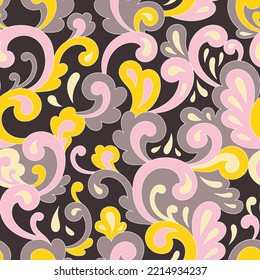 Diseño hippie psicodélico retro para paquetes, marca, textil, papelería, papel envolvente, tarjetas de regalo, cualquier superficie. Resumen de la impresión de moda vintage. Estilo antiguo groovy 600 70s patrón vectorial sin fisuras.
