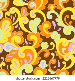 Retro psychedelic hippie design for package, branding, textile, stationery, wraping paper, gift cards, any surface. Abstract vintage fashion print. Old style groovy 60s 70s vector seamless pattern.