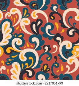 Diseño hippie psicodélico retro para paquetes, marca, textil, papelería, papel envolvente, tarjetas de regalo, cualquier superficie. Resumen de la impresión de moda vintage. Estilo antiguo groovy 600 70s patrón vectorial sin fisuras.