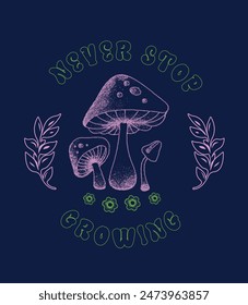 Retro  psychedelic hippie mushroom illustration print with groovy slogan for man - woman graphic tee t shirt or sticker poster - Vector