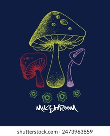 Retro  psychedelic hippie mushroom illustration print with groovy slogan for man - woman graphic tee t shirt or sticker poster - Vector