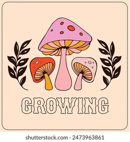 Retro  psychedelic hippie mushroom illustration print with groovy slogan for man - woman graphic tee t shirt or sticker poster - Vector