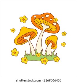 Retro psychedelic hippie mushrooms with groovy flowers isolated on a white background. Vector illustration in style 70s, 80s