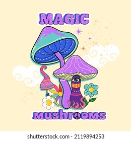 Retro psychedelic hippie mushrooms and the inscription magic mushrooms. Vector illustration for t-shirt and sticker design 70s