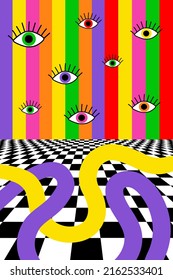 Retro Psychedelic hippie poster. 70s abstract covers with rainbows, floating eye and geometric shapes. Psychedelic hippy Background from the 1970s.