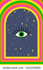 Retro Psychedelic hippie poster. 70s abstract covers with rainbows, floating eye and space. Neon Psychedelic trippy Background from the 1970s.