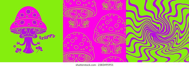 Afiches hippie psicodélicos retro con hongos trippy y fondo de ácido fluido. Fundas abstractas de los años 70 con hongos locos. Caracteres alienígenas brillantes. Diseño de vectores.