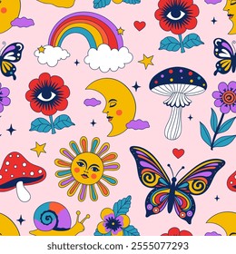 Retro psychedelic hippie seamless pattern. Vector graphics.