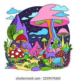 Retro psychedelic landscape.  fantastic mushrooms isolated on white background