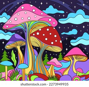 Retro psychedelic landscape. fantastic mushrooms