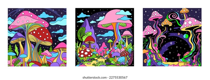 Paisaje psicodélico retro. hongos de dibujos animados fantásticos