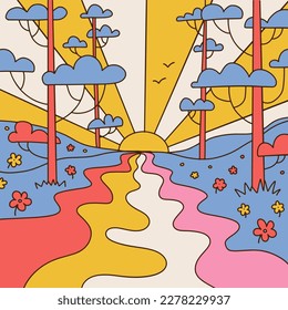 Retro psychedelic landscape. Vintage hippie background with sunset, rainbow river, grees and flowers. Contour hand drawn vector illustration in 70s groovy style.