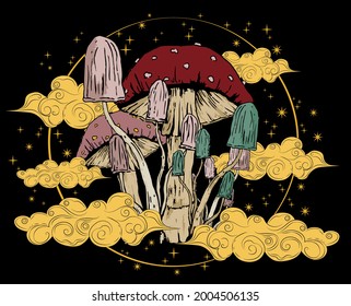 Retro psychedelic mushroom illustration print with stars and clouds for graphic tee t shirt or poster - Vector