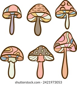 Retro psychedelic mushroom lip art set, fantasy fungi illustration collection isolated