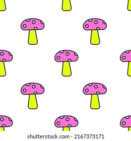 Retro Psychedelic Mushrooms Seamless Pattern on White Background. Psychedelic mushrooms. Y2k retro pattern. 90s background