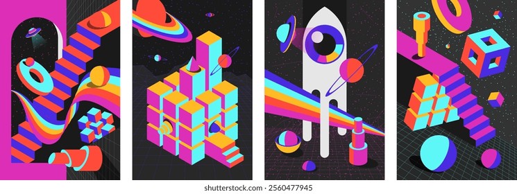 Retro psychedelic optical illusions poster set featuring colorful 70s and 80s inspired designs. Surreal geometric shapes skies and cosmic landscapes with spheres. Stairs and vintage perspectives print