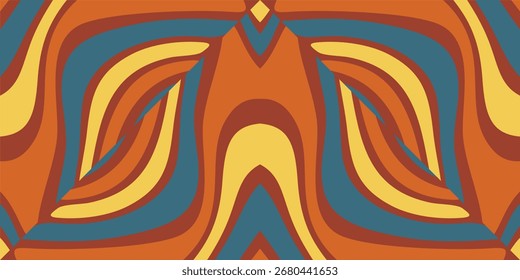 A Retro Psychedelic Pattern Featuring Swirling Waves in Earthy Tones of Orange Yellow and Teal.