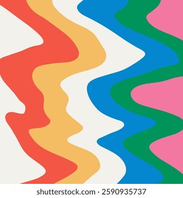 Retro psychedelic pattern with groovy geometric waves, warped grid. Bright 70s colors, fluid motion, hippie texture, funky surrealism.
