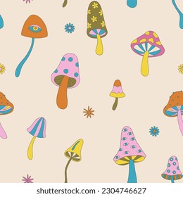 Retro psychedelic pattern with groovy mushrooms and flowers. Floral Hippie Mushrooms Retro 70s 60s. Vintage boho illustrations. Hippie background for wallpaper, fabric.