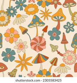 Retro psychedelic pattern with groovy mushrooms and flowers. Floral Hippie Mushrooms Retro 70s 60s. Vintage boho illustrations. Hippie background for wallpaper, fabric.